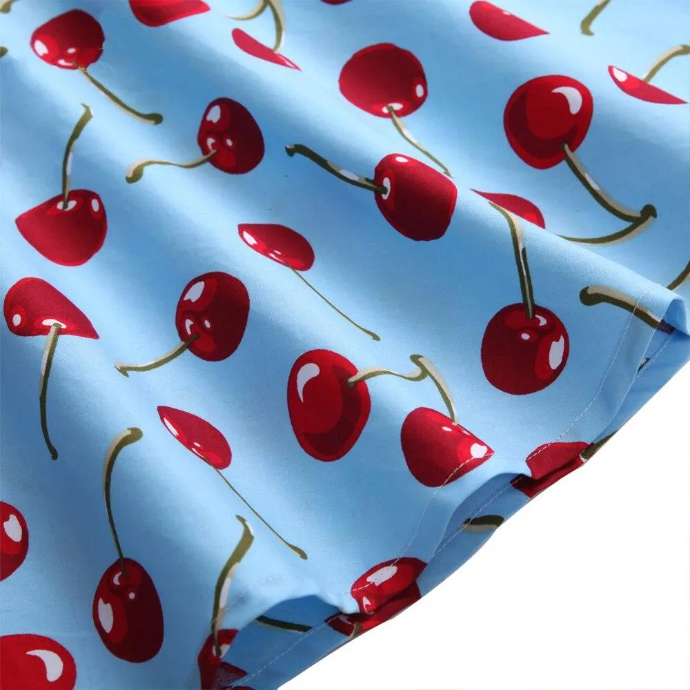 2021 Summer High Waist Swing Skirts Womens Cotton Cherry Print Floral Swing Pin-up 50s Retro Vintage Skirts School Jupe Femme