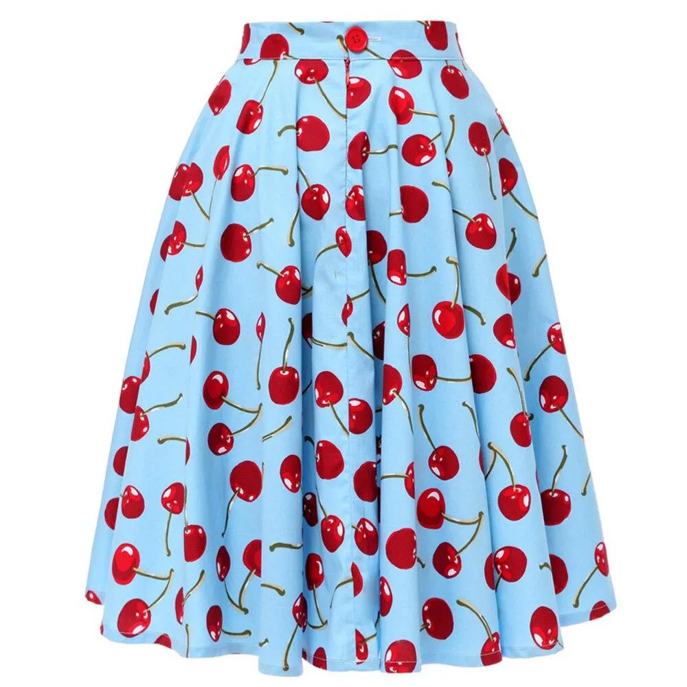 2021 Summer High Waist Swing Skirts Womens Cotton Cherry Print Floral Swing Pin-up 50s Retro Vintage Skirts School Jupe Femme