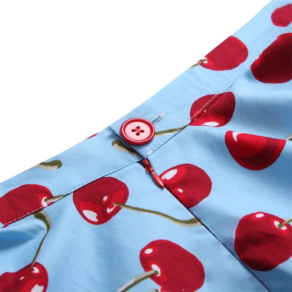 2021 Summer High Waist Swing Skirts Womens Cotton Cherry Print Floral Swing Pin-up 50s Retro Vintage Skirts School Jupe Femme