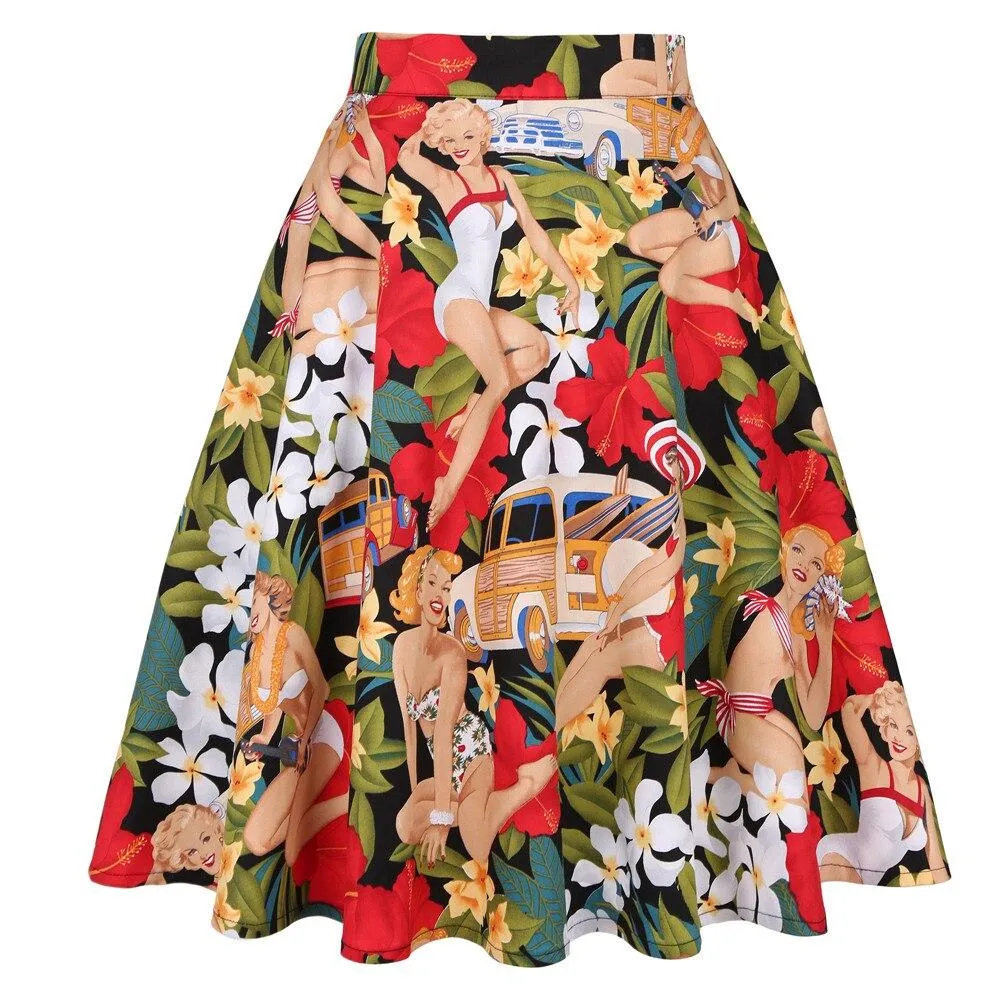 2021 Summer Women Short 50s 60s Skirts Retro Vintage Leopard Printed High Waist School Girls Swing Rockabilly Casual Sundress