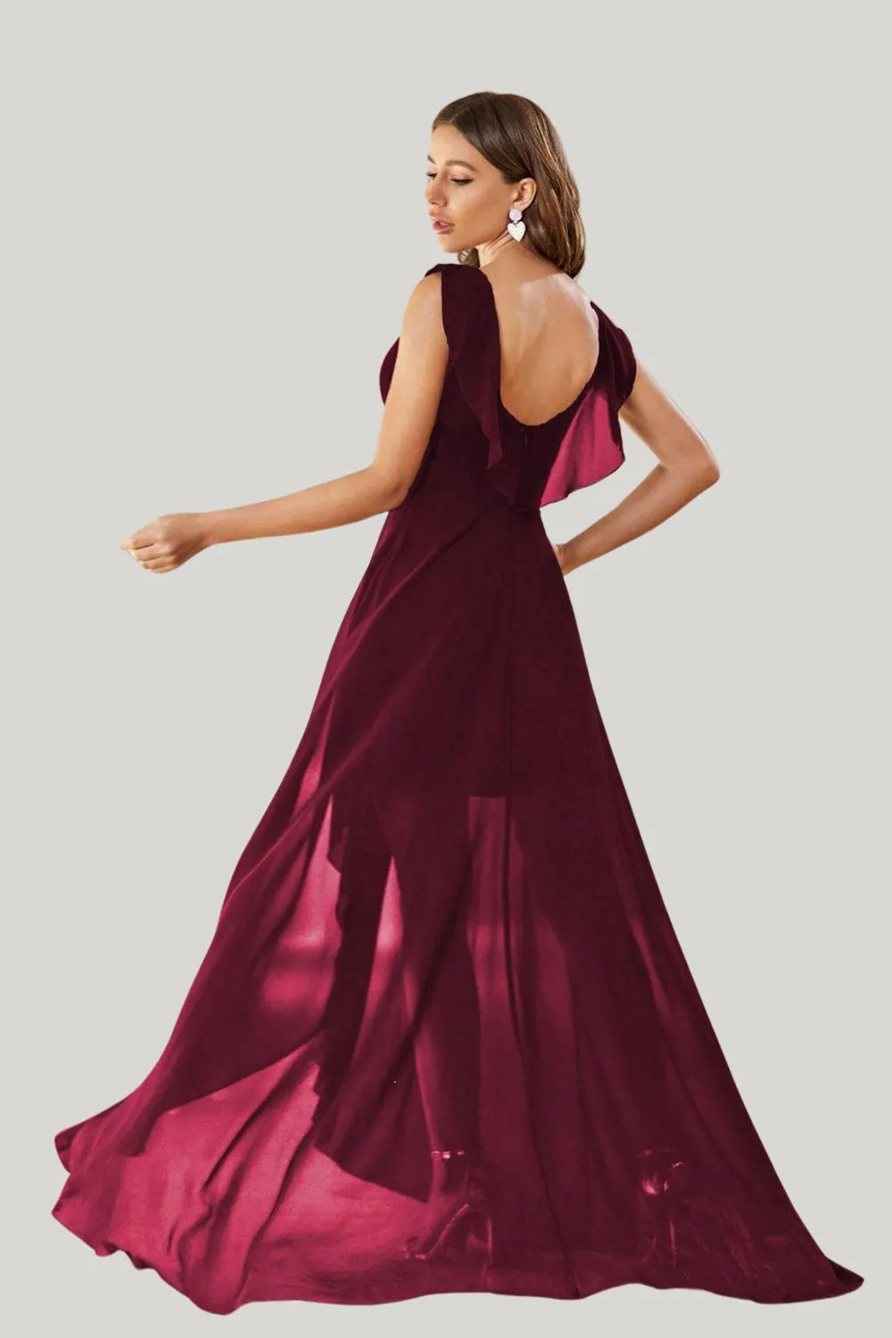 A Line Burgundy V Neck Chiffon High Low Maxi Dress