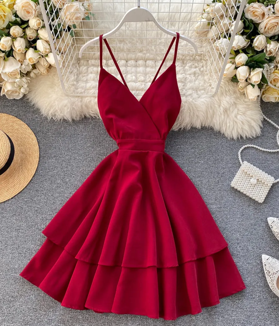 A line v neck short dress summer dress   S92