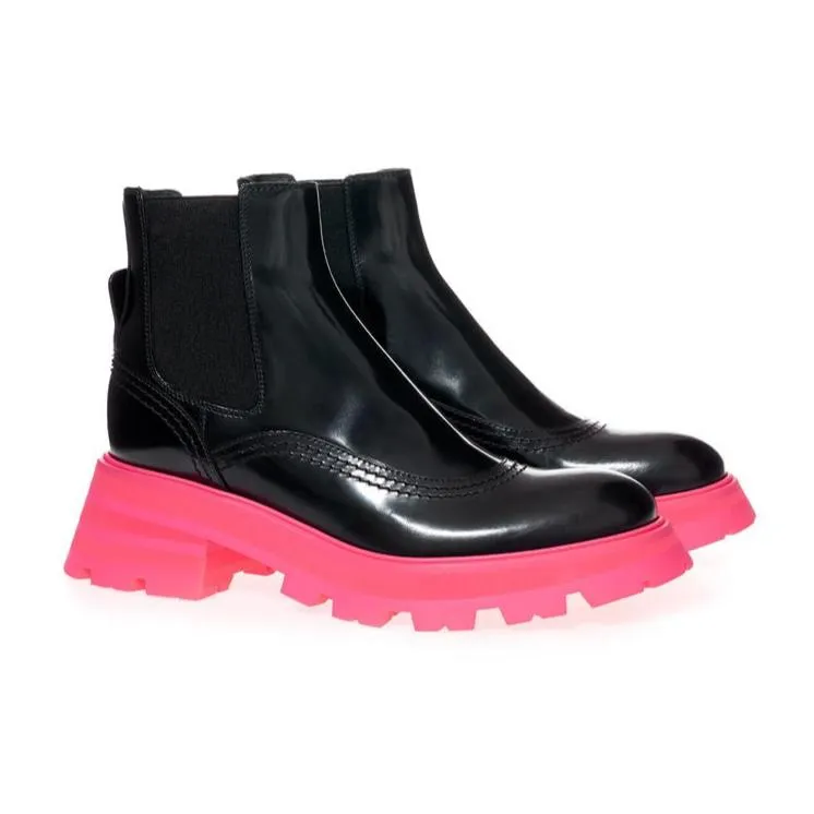 Alexander McQueen Black Leather Boots with Pink Platform