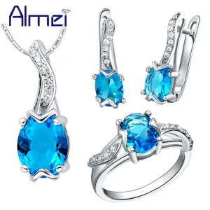 Almei 50%Off Costume Jewelry Set Silver Blue Cubic Zirconia Wedding Accessories Necklace And Earring Rings Women Bisuteria T232