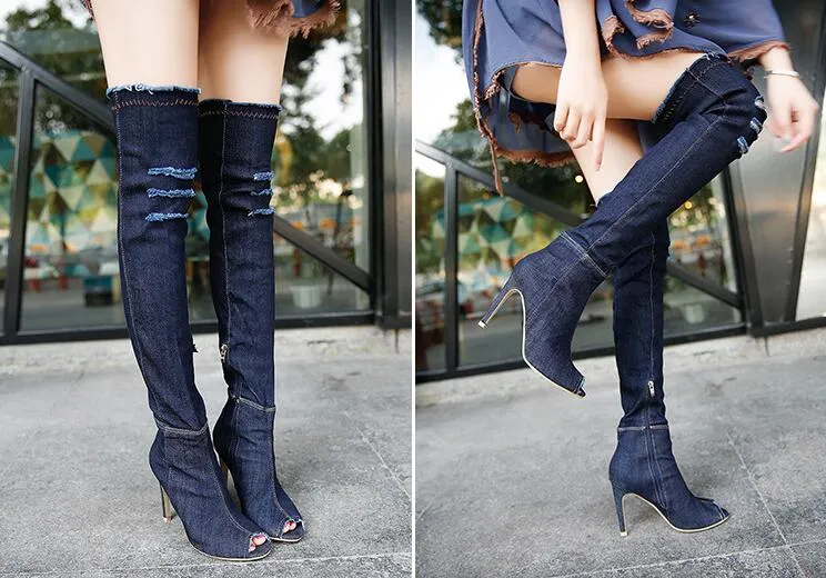 Amozae-  2024 Hot Fashion Women Boots High Heels Spring Autumn Peep Toe Over The Knee Boots Tight High Stiletto Jeans Boots