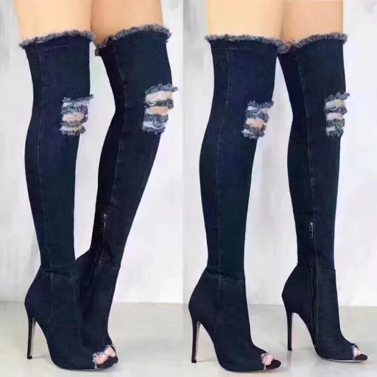 Amozae-  2024 Hot Fashion Women Boots High Heels Spring Autumn Peep Toe Over The Knee Boots Tight High Stiletto Jeans Boots