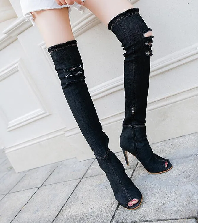 Amozae-  2024 Hot Fashion Women Boots High Heels Spring Autumn Peep Toe Over The Knee Boots Tight High Stiletto Jeans Boots