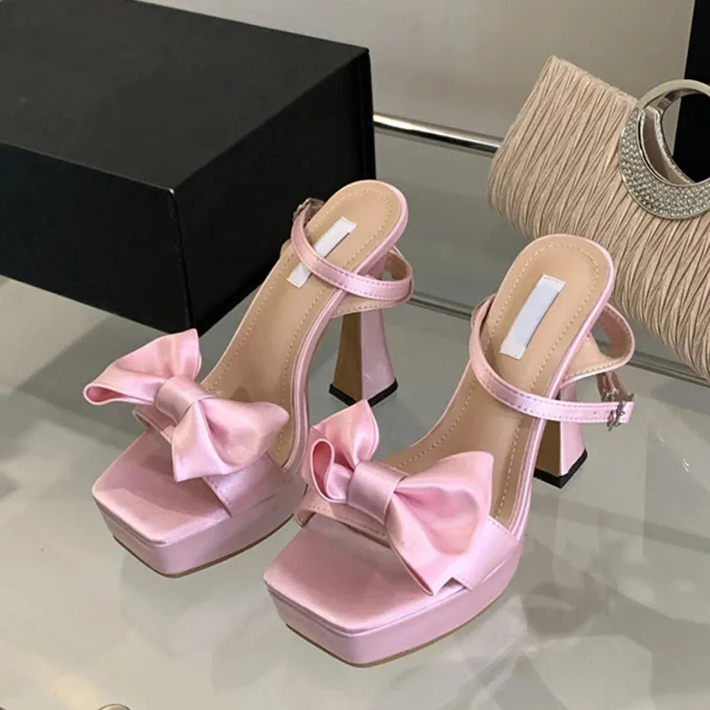 Amozae-2024 New Brand Super High Heels Sexy Sandals Fashion Pink Silk Bowknot Square Open Toe Chunky Platform Shoes Women Pumps