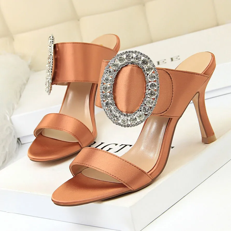 Amozae--2024 Summer Women 8.5cm High Heels Rhinestone Satin Slides Sandals Fetish Slip On Crystal Shoes Lady   Scarpins Silk Pumps