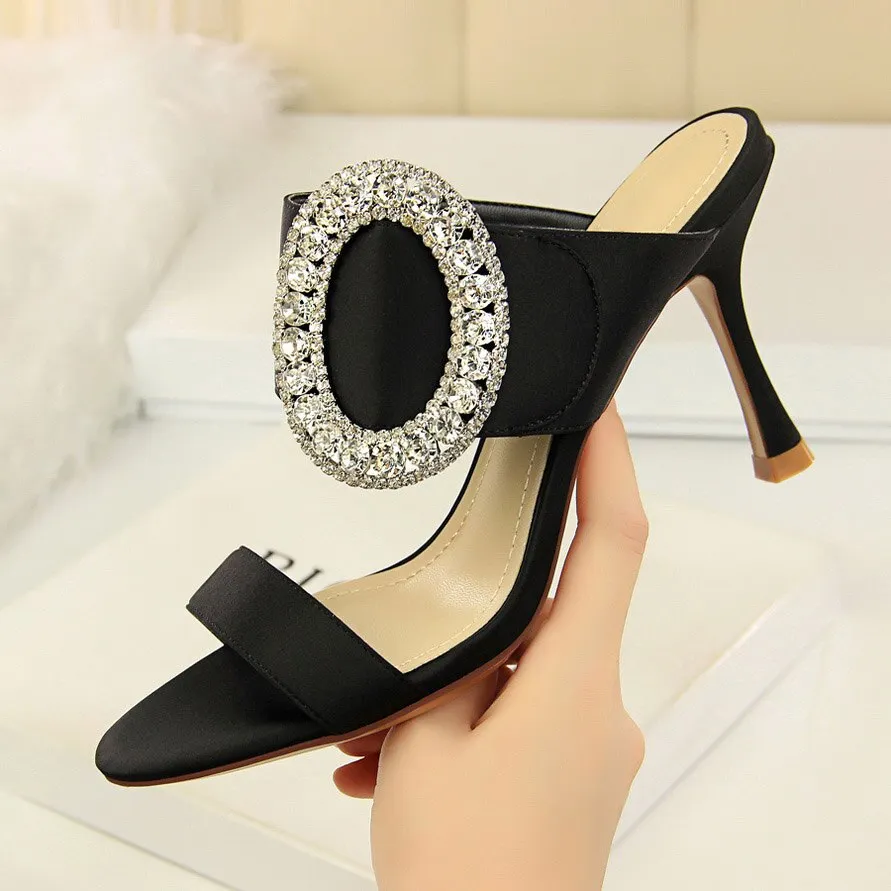 Amozae--2024 Summer Women 8.5cm High Heels Rhinestone Satin Slides Sandals Fetish Slip On Crystal Shoes Lady   Scarpins Silk Pumps