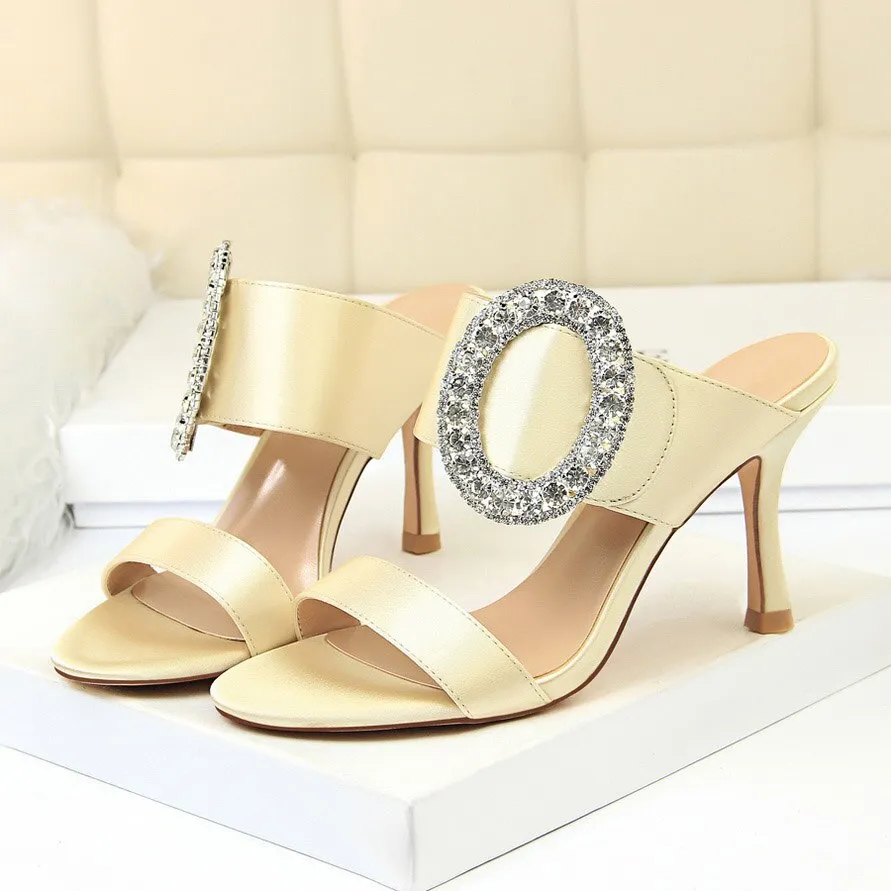 Amozae--2024 Summer Women 8.5cm High Heels Rhinestone Satin Slides Sandals Fetish Slip On Crystal Shoes Lady   Scarpins Silk Pumps