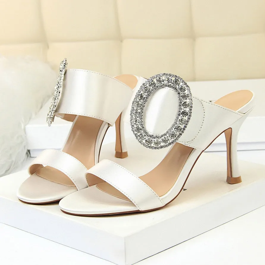 Amozae--2024 Summer Women 8.5cm High Heels Rhinestone Satin Slides Sandals Fetish Slip On Crystal Shoes Lady   Scarpins Silk Pumps