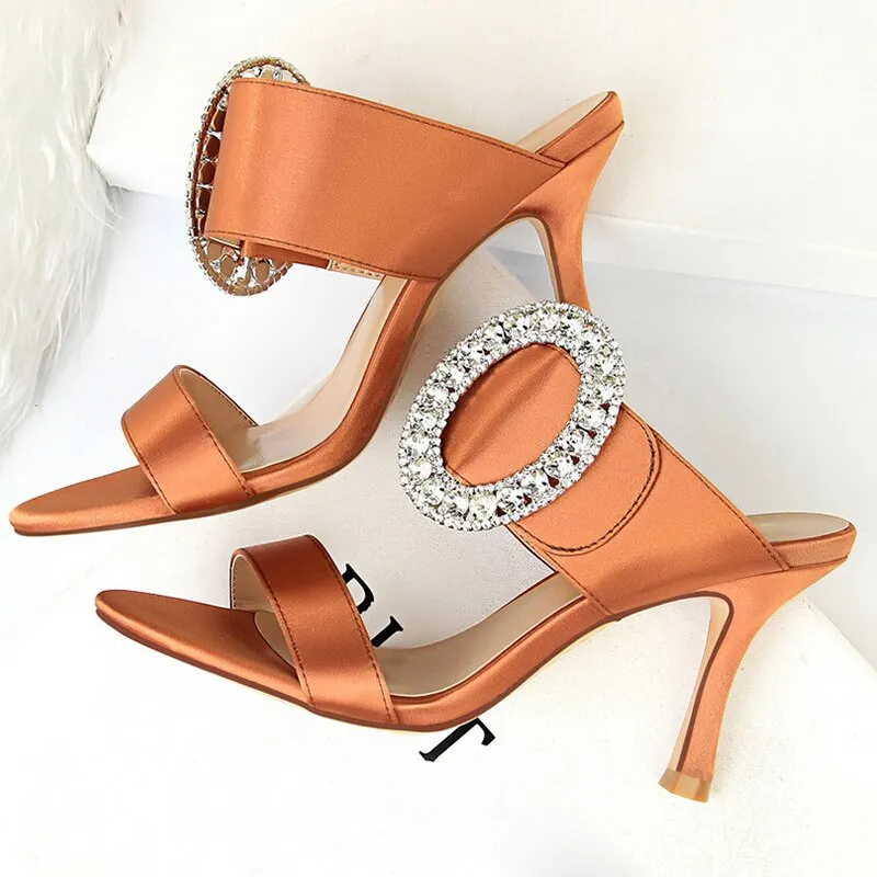 Amozae--2024 Summer Women 8.5cm High Heels Rhinestone Satin Slides Sandals Fetish Slip On Crystal Shoes Lady   Scarpins Silk Pumps