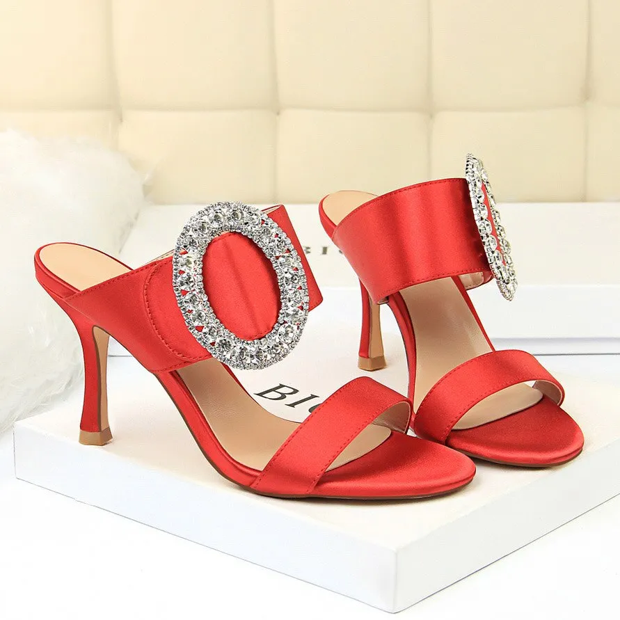 Amozae--2024 Summer Women 8.5cm High Heels Rhinestone Satin Slides Sandals Fetish Slip On Crystal Shoes Lady   Scarpins Silk Pumps