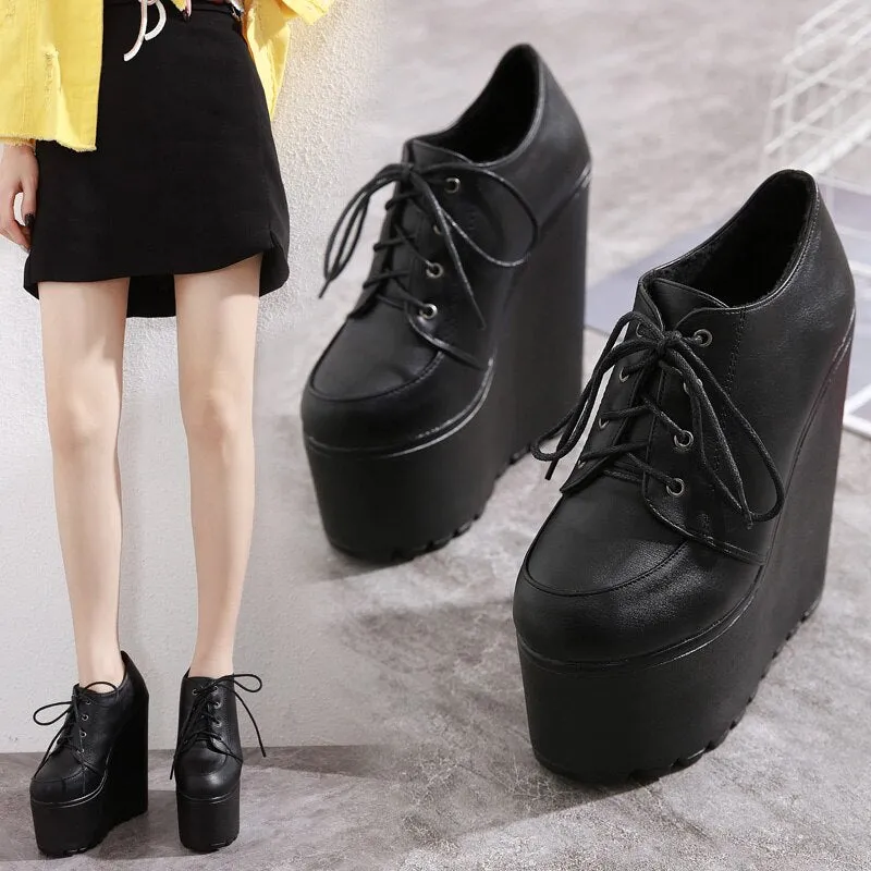 Amozae- 2024 Wedges Ankle Boots White Black Rubber Sole Shoes Platform Boots Women Lacing Autumn Platform Heels Shoes Heel 16 cm