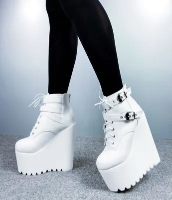 Amozae- 2024 Wedges Ankle Boots White Black Rubber Sole Shoes Platform Boots Women Lacing Autumn Platform Heels Shoes Heel 16 cm