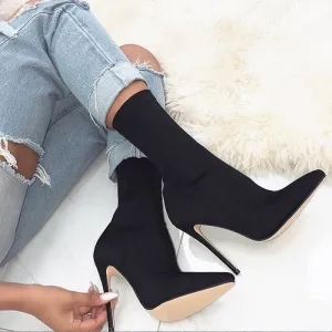 Amozae-2024 Women 10cm High Heels Silk Sock Boots Female Green Short Ankle Boots Lady Stripper Winter Pointed Toe Gothic Designer Shoes