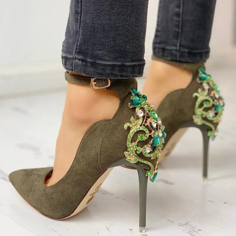 Amozae Back to College Fashion 10CM High Heels Pumps Women Luxury Design Pumps Pointed Toe Heels Metal Crystal Shoes