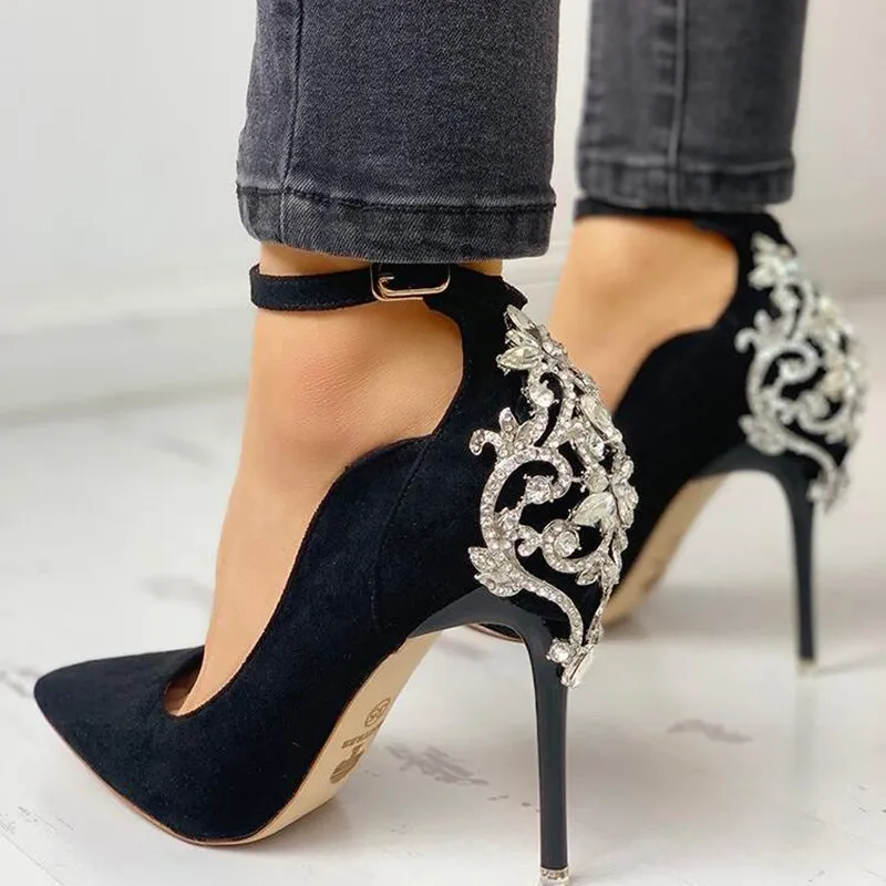 Amozae Back to College Fashion 10CM High Heels Pumps Women Luxury Design Pumps Pointed Toe Heels Metal Crystal Shoes