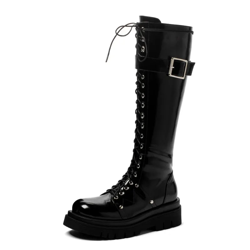 Amozae Fashion Fur Winter Boots Women Shoes Women's Knee High Boots Platform Lace Up Buckle Black White Long Combat Boots Shoes