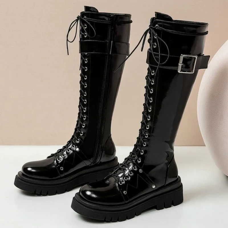 Amozae Fashion Fur Winter Boots Women Shoes Women's Knee High Boots Platform Lace Up Buckle Black White Long Combat Boots Shoes