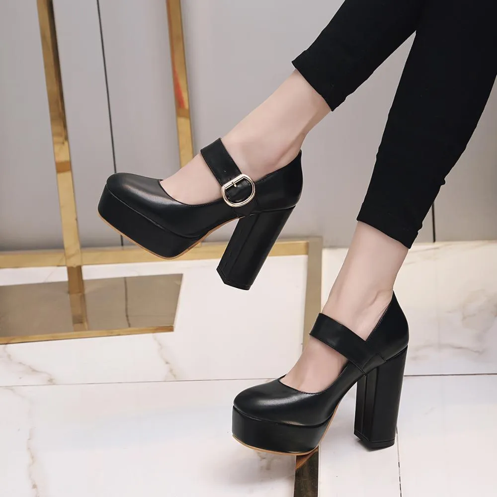 Amozae- Fashion Platform High Heels Shoes Female   Leather Black White Women's Heels Round Toe Party Pumps Women Mary Jane Shoes