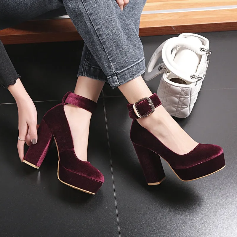 Amozae- Fashion Velvet Female High Heels Shoes     Designer Black Blue Womens Heels Round Toe Platform Pumps Women Mary Jane Shoes