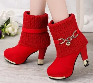 Amozae- Hot Selling High-Heeled Boots Woman Booties Women Short Boots Female Pointed Toes Slip On Slim Fall/Winter Shoes Red Black