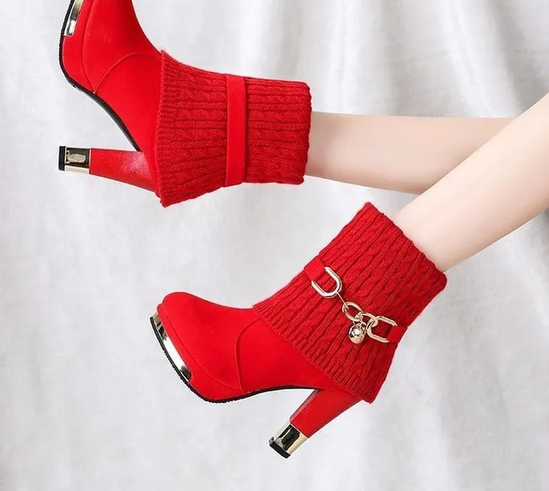 Amozae- Hot Selling High-Heeled Boots Woman Booties Women Short Boots Female Pointed Toes Slip On Slim Fall/Winter Shoes Red Black