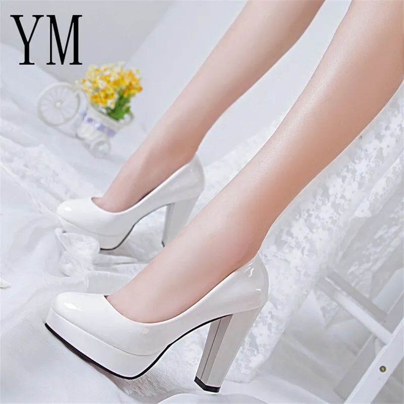 Amozae- Hot Women Pumps Shoes Women PU Leather Shallow Slip-On Round Toe High heels Wedding Party Derss shoes Mujer Plus size 34-42 New