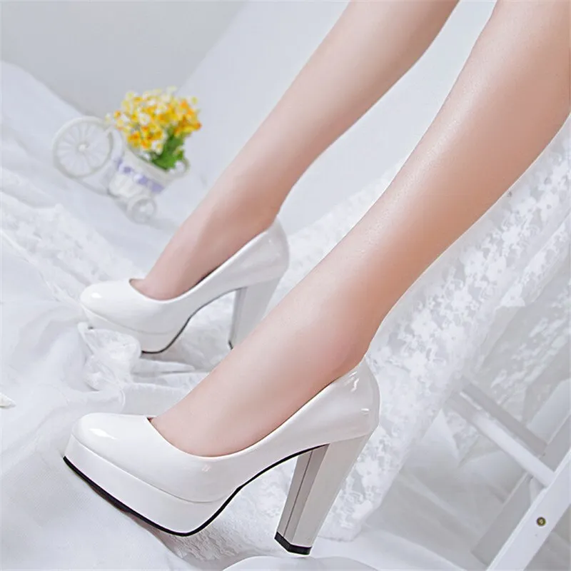 Amozae- Hot Women Pumps Shoes Women PU Leather Shallow Slip-On Round Toe High heels Wedding Party Derss shoes Mujer Plus size 34-42 New