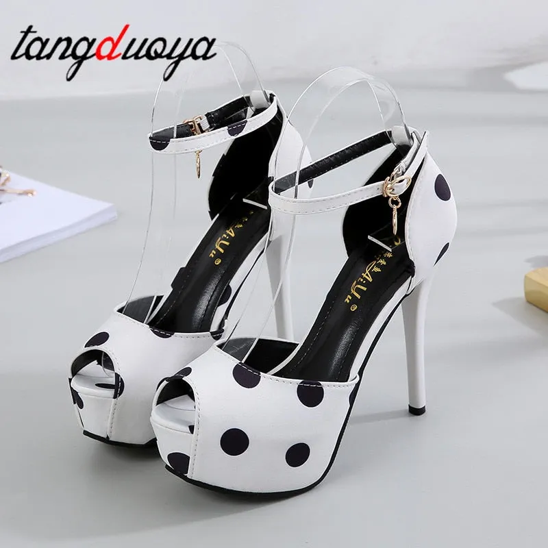 Amozae New Platform High Heel Polka Dot Sweet Silk Satin Shallow Mouth Fish Mouth Single Shoes Women Shoes Offwhite Shoes High Heels A8