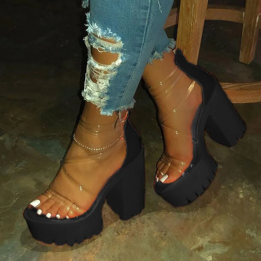 Amozae- Night Club Party Platform Chunky Heel Sandals Summer Plus Size Shoes Transparent Gladiator Heel Sandals  Shoes Women