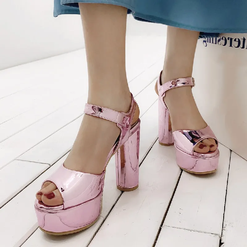 Amozae Round Heels Sandals Women Open Toe Summer Sandals Female Shoes Ankle Straps Luxury Gold Silver Pink  Party Shoes Girls Platform