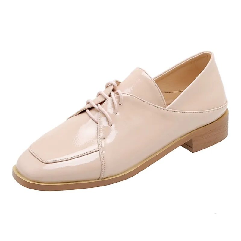 Amozae spring Women Oxford Flat shoes for woman Soft PU leather flats vintage lace-up loafers Shoes casual sneakers shoes Beige Pink