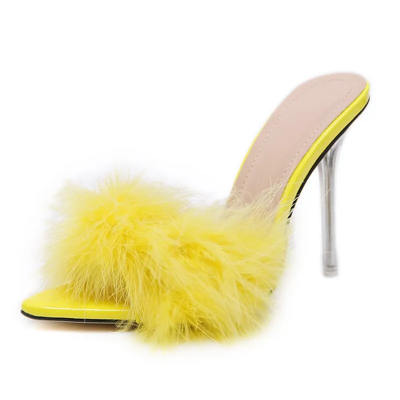 Amozae    Transparent High Heels Sandals   Feather Woman Slippers Fur Stiletto Pointed Mules Evening Party Women Shoes Rose 41