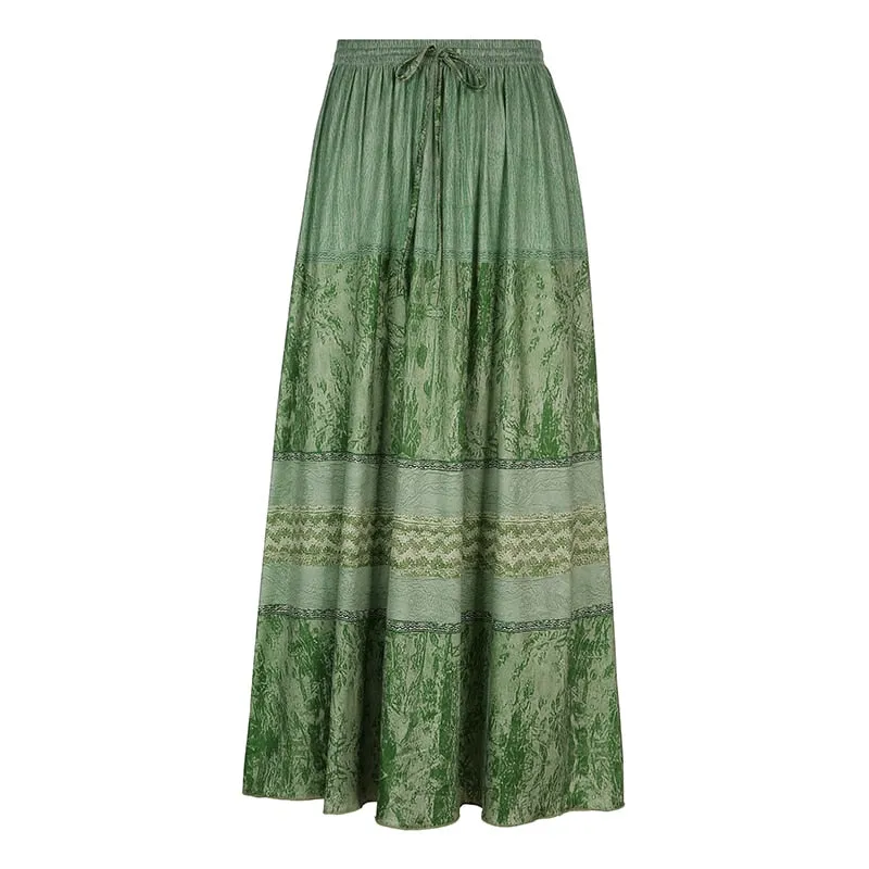 Amozae- Vintage Green Women Long Skirt Aesthetic Graphic Print Hight Waist Cute Casual Midi Skirts Grunge Sweet Lady Outfits