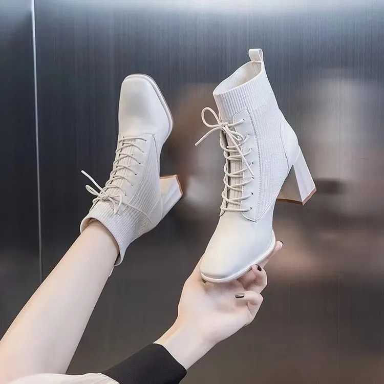 Amozae- Winter Luxury Shoes High Heel Boots Ankle Women   Autumn Chunky Sole Stretch Fabric Female Casual Sock Short Boots   AA5