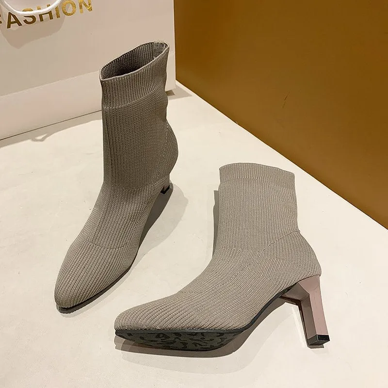 Amozae-  Women Ankle Knitted Boots Block 7cm High Heels Short Boots Stripper Winter Warm Sock Stretch   Chunky Designer Shoes