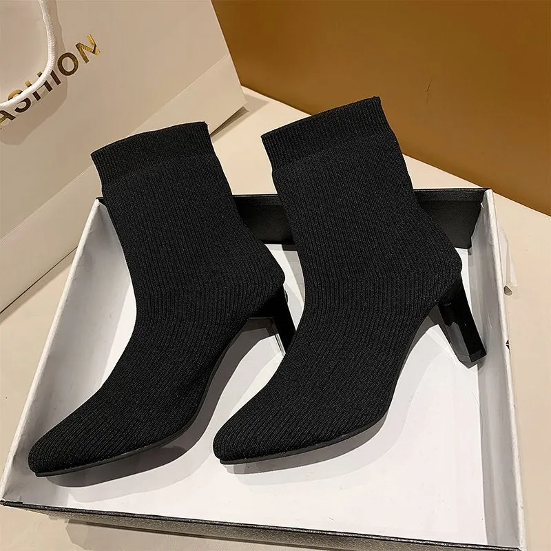 Amozae-  Women Ankle Knitted Boots Block 7cm High Heels Short Boots Stripper Winter Warm Sock Stretch   Chunky Designer Shoes