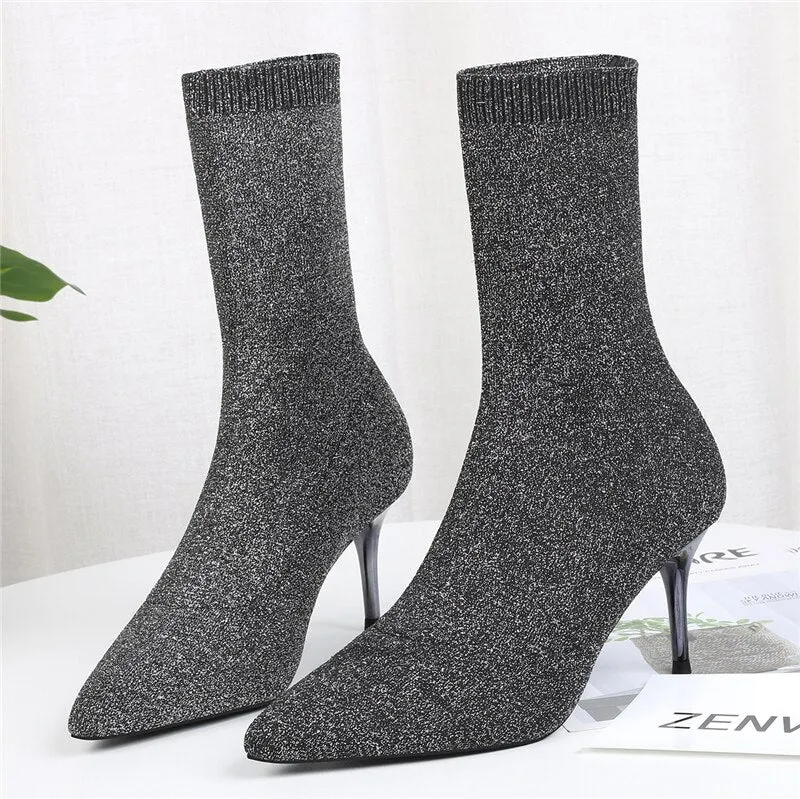 Amozae-  Women Ankle Knitted Boots Block 7cm High Heels Short Boots Stripper Winter Warm Sock Stretch   Chunky Designer Shoes