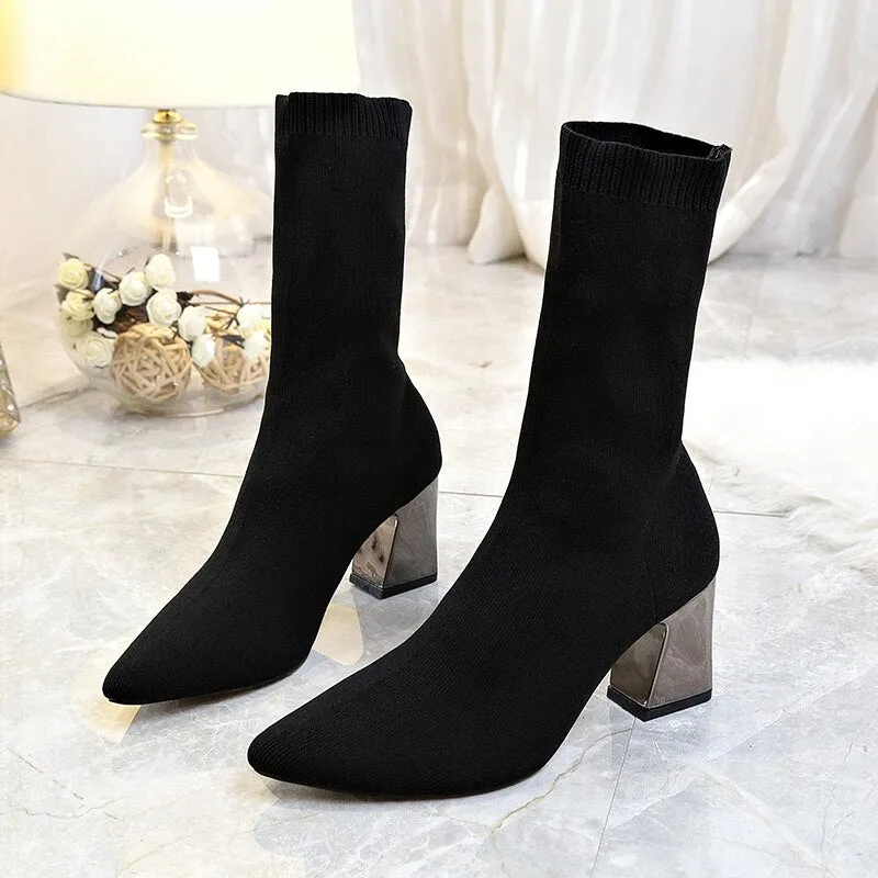 Amozae-  Women Ankle Knitted Boots Block 7cm High Heels Short Boots Stripper Winter Warm Sock Stretch   Chunky Designer Shoes