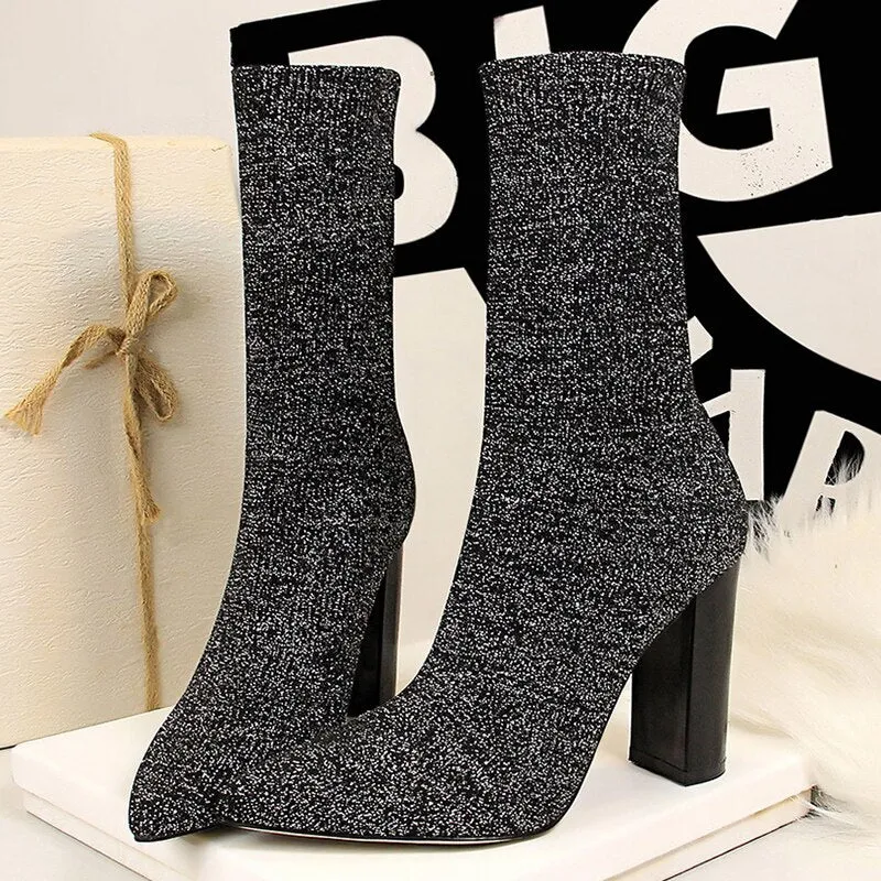 Amozae-  Women Ankle Knitted Boots Block 7cm High Heels Short Boots Stripper Winter Warm Sock Stretch   Chunky Designer Shoes