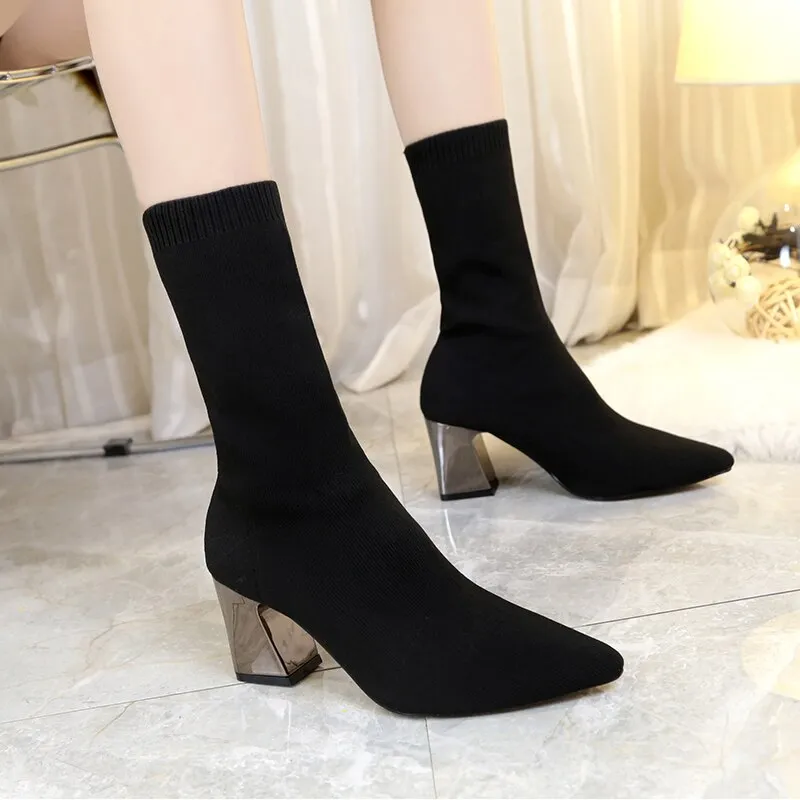 Amozae-  Women Ankle Knitted Boots Block 7cm High Heels Short Boots Stripper Winter Warm Sock Stretch   Chunky Designer Shoes