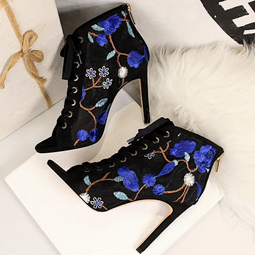 Amozae- Women Fetish Stripper Sandals Ankle Boots Gladiator 10.5cm High Heels Lace Up Prom Peep Toe Embroider Summer Blue Shoes