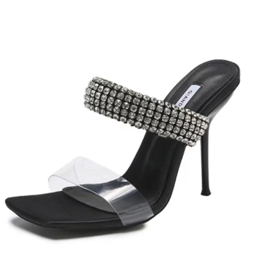 Amozae Women Sandals Summer High Heel Rhinestones Square Toe Lady Pump Fashion Leisure   Back Open Toe Concise Female Shoe