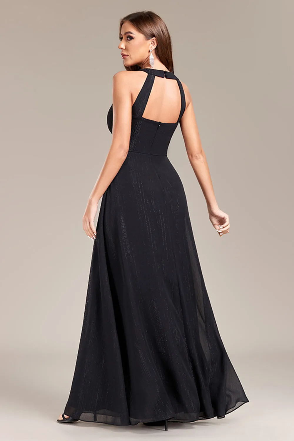 Black A Line Halter Open Back Chiffon Maxi Dress