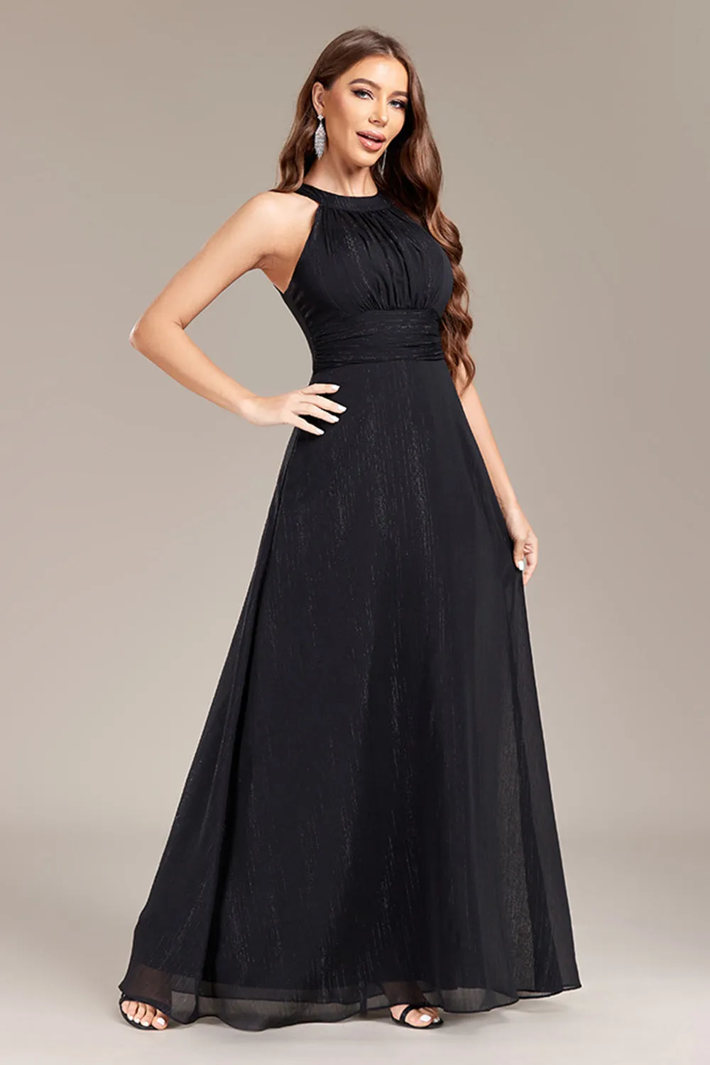 Black A Line Halter Open Back Chiffon Maxi Dress