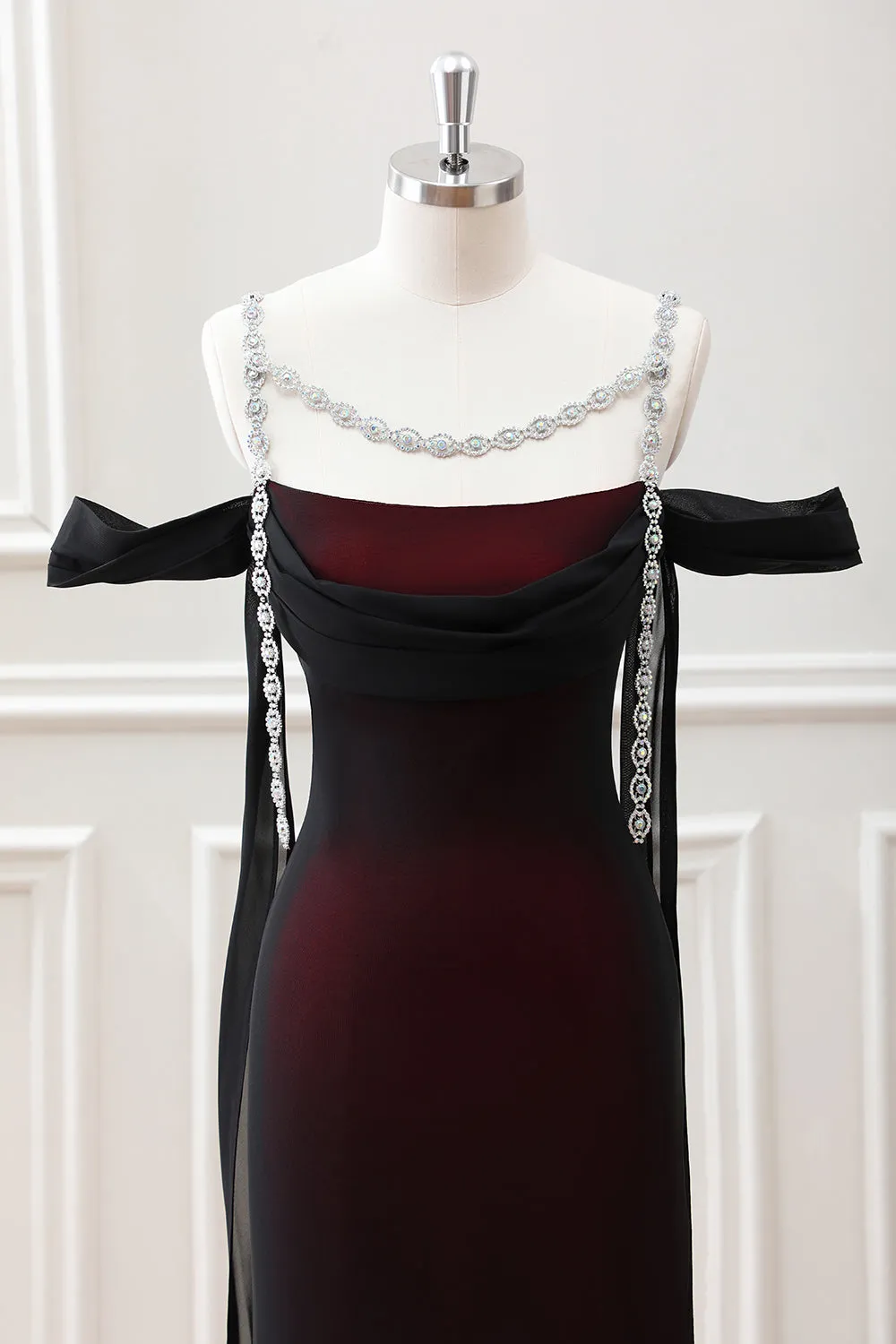 Black Red Sheath Cowl Neck Maxi Dress with Rhinestones