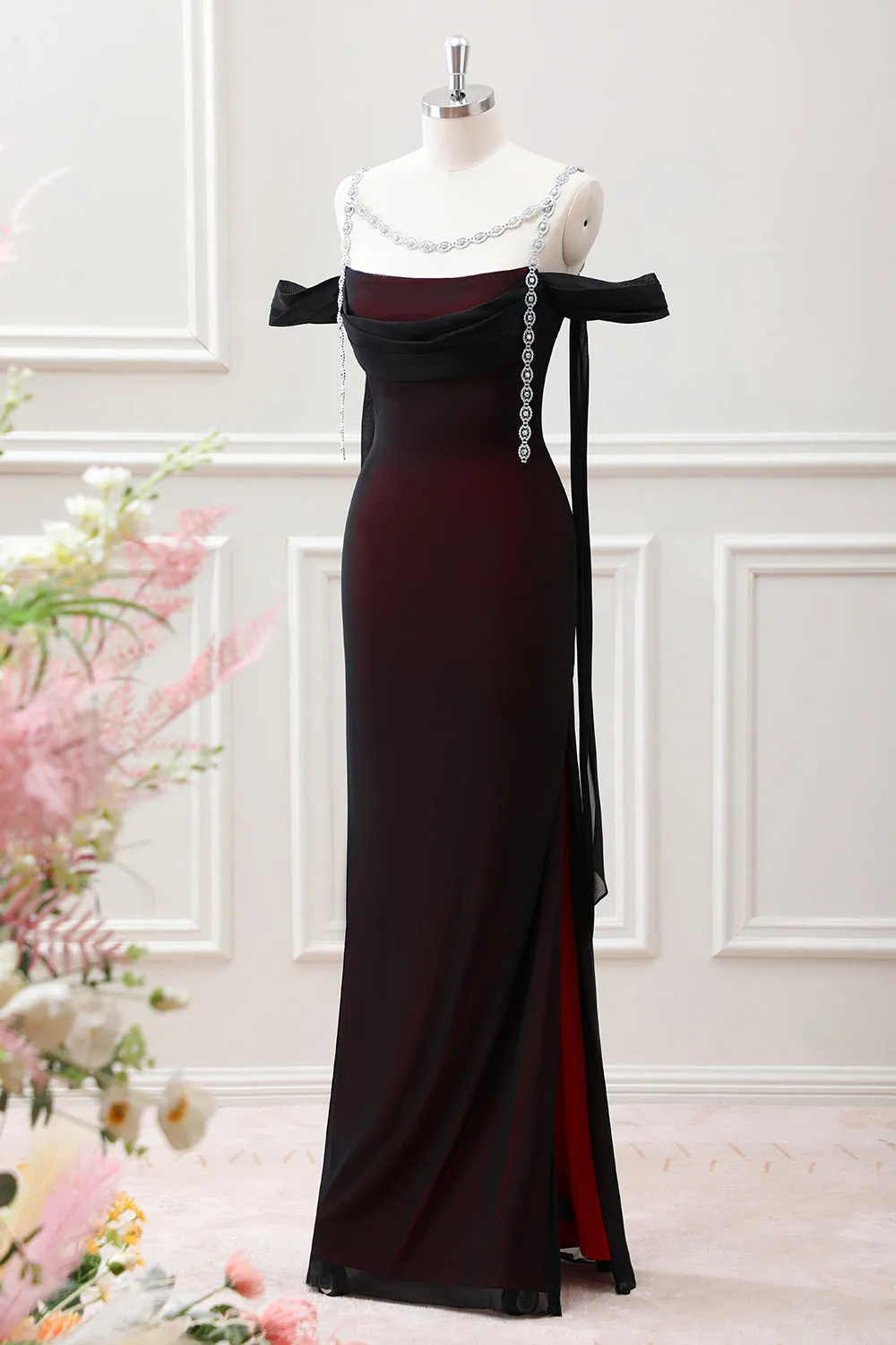 Black Red Sheath Cowl Neck Maxi Dress with Rhinestones